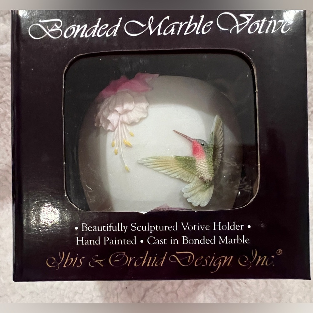 Ibis & Orchid Hummingbird & Fushsia Flower Tealight Candle Votive, NIB, 2008